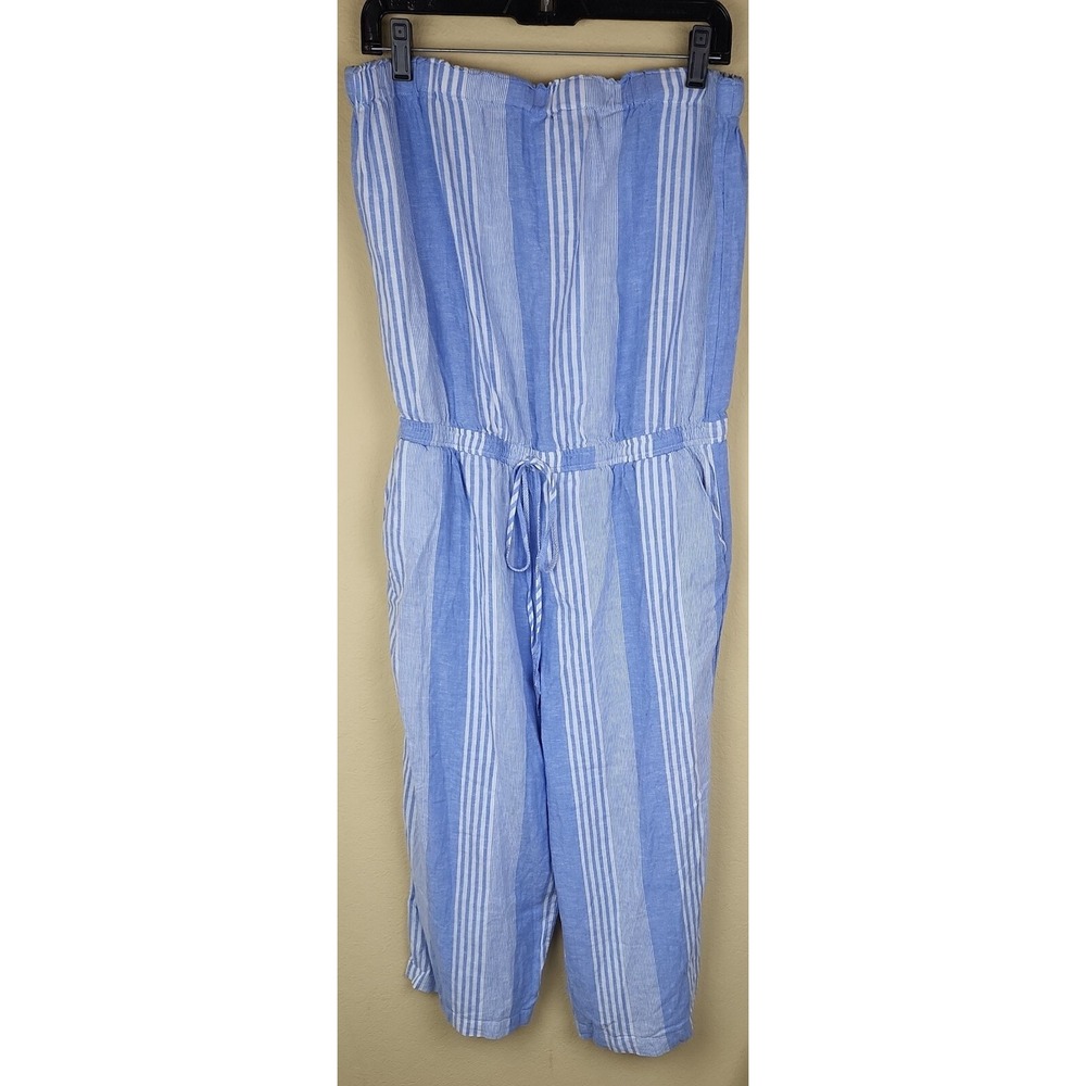 New York & Company Soho Street Blue White Striped Strapless Jumpsuit Large L